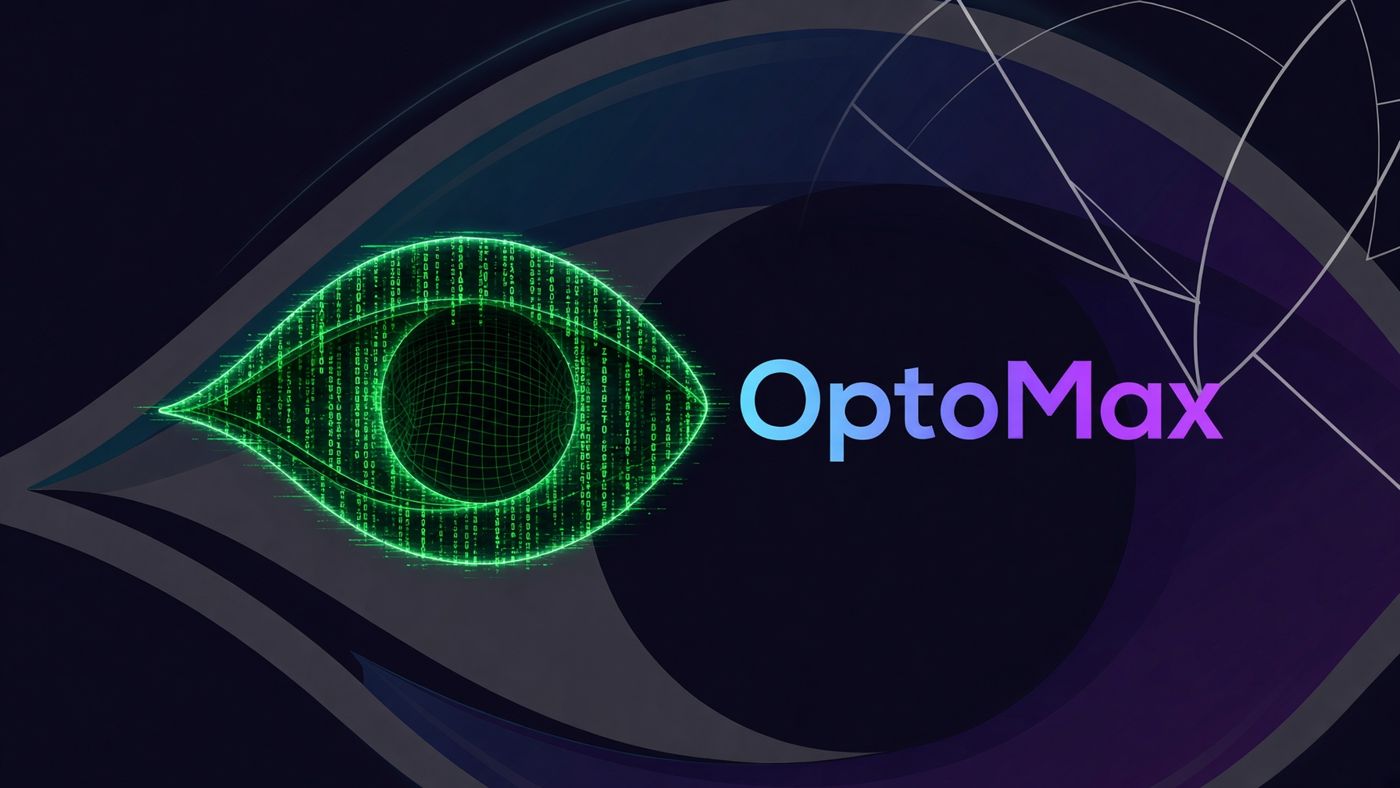 OptoMax: a glowing green data eye beside the OptoMax wordmark
